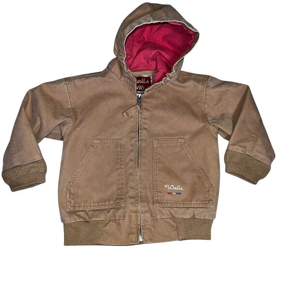 Vintage Walls Kids Hooded Canvas Jacket Brown Duck Work Coat Red Lining large - Picture 1 of 11
